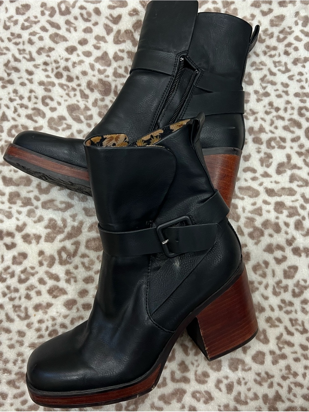 Black Leather Platform Heel Ankle Boots
